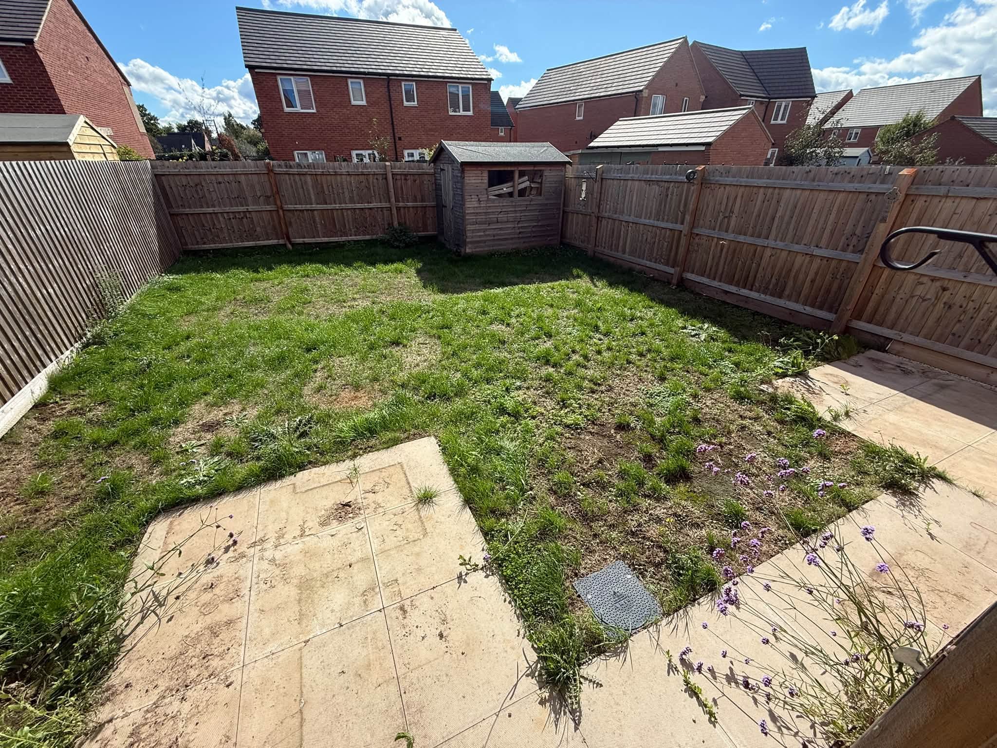 Garden before the work: overgrown lawn and a small old slab patio by the shed